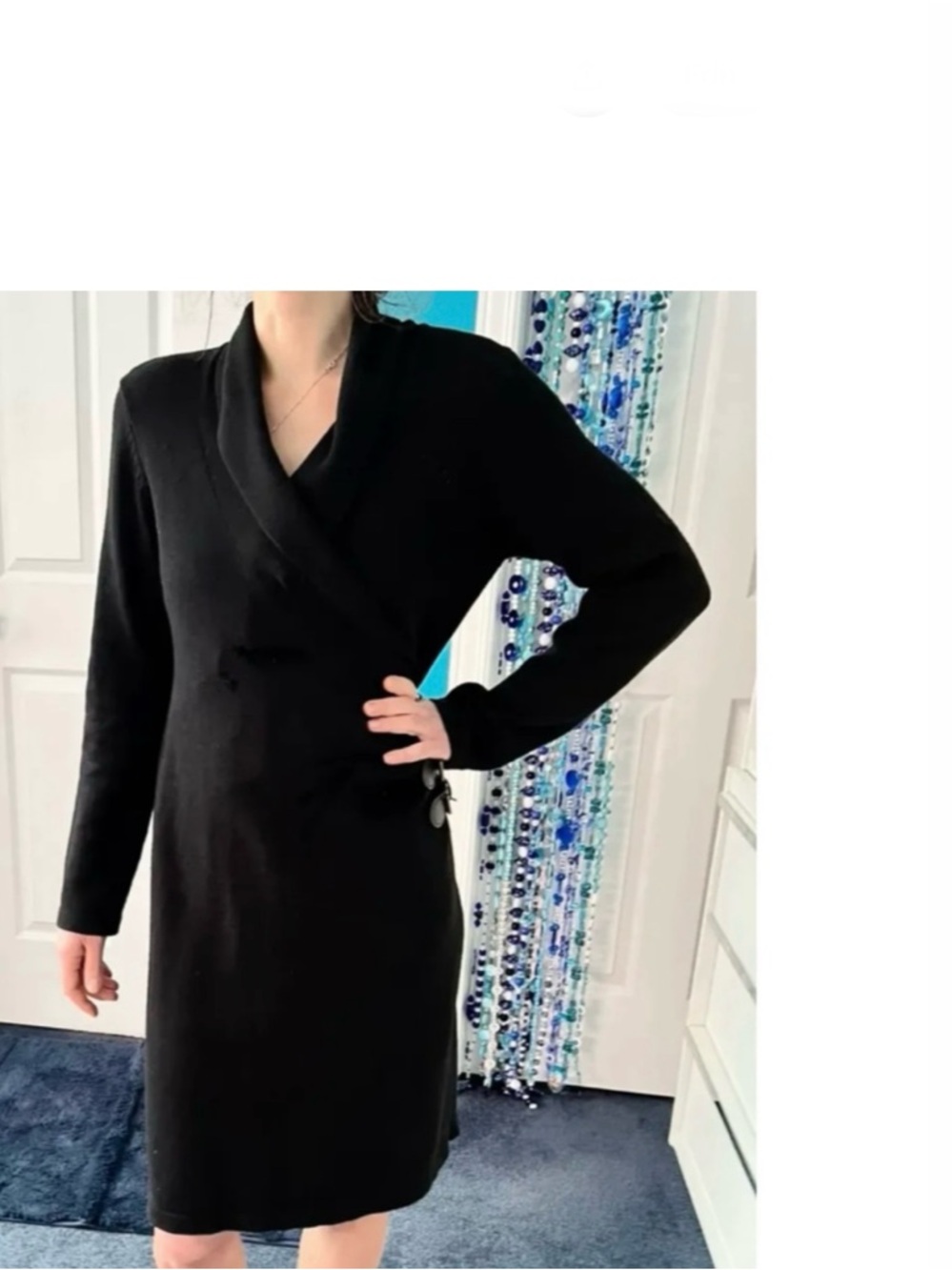Evan-Picone Vintage 90s Black Asymmetrical Faux Wrap Buckle Dress Minimalist